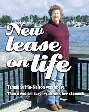 New lease on life: Tamah Sutfin-Nelson was obese. Than a radical surgery shrank her stomach. [Photo of Sutfin-Nelson standing on waterfront]
