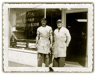 Old photo of two men infront of shoe shop