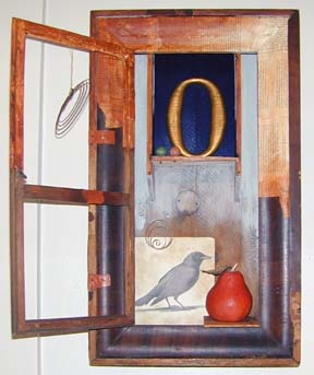assemblage by Ellen Clark, with wooden box, letter O, drawing of crow and wooden pear