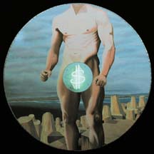 circular painting of nude male body with neon dollar sign on crotch, sea and jetty in background