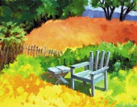 [painting of wooden chair in garden setting]