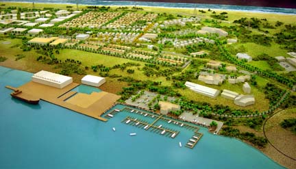 Conceptual aerial model of Samoa, showing shoreline, docks, boats, landscaping, various buildings and greenspace