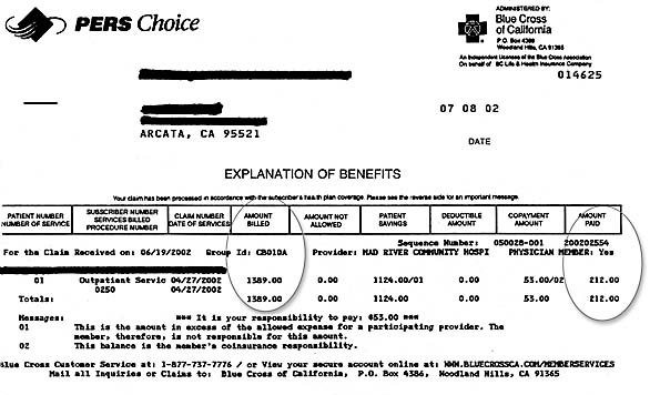 Reproduction of a Blue Cross 'Explanation of Benefits'
 showing billing of $1389 and insurance only paying $212 of the bill.
