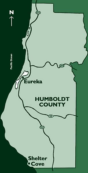 Map of Humboldt County showing location of Eureka, Shelter Cove and Pacific Ocean