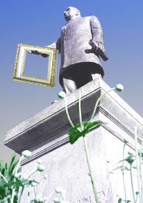 photoillustration of Arcata's McKinley statue holding a frame
