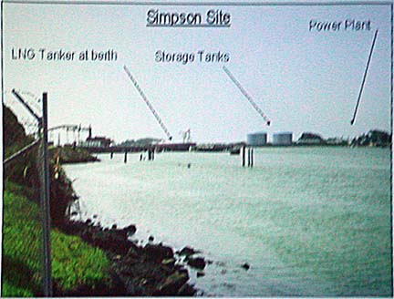 [photo of Simpson Site bayshore showing proposed location of LNG tanker at berth, storage tanks and power plant]