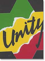photo of Reggae on the River badge with the word "Unity" 