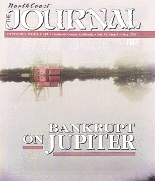 cover of May 1995 North Coast Journal, depicting the dredge Jupiter in the water and fog