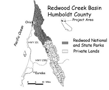 [map of Redwood Creek Basin]