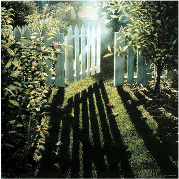 open garden gate with light coming through, casting long shadows