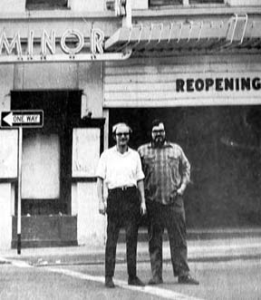 [photo of John Lynch and Rick Brazeau in front of Minor Theater, 1971]