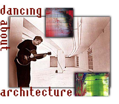 Photo and headline -- Bill Frisell with insets of paintings from 858 Series by Gerhard Richter