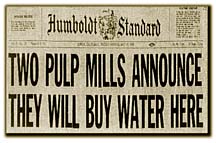 Newspaper front page headlining "Two pulp mills announce they will buy water here"