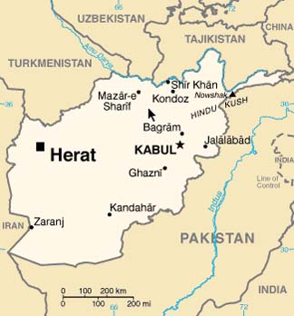Map of Afghanistan, showing city of Herat in the northwest portion of the country