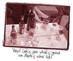 Photo of empty bottles and bare feet, "Hey! Let's see what's good on Mark's wine list!"
