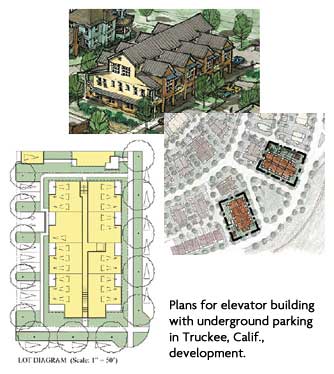 Plans for elevator building with underground parking in Truckee, Calif., development.