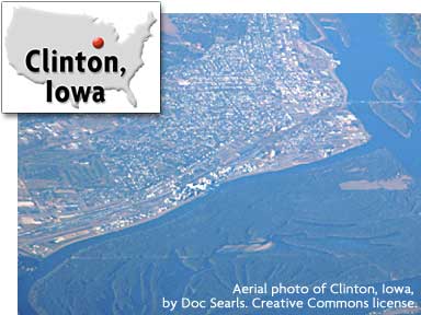 Aerial photo of Clinton, Iowa, by Doc Searls. Creative Commons license. Map of U.S. showing Clinton, Iowa.