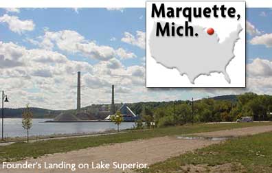 Founder's Landing on Lake Superior, map of U.S. showing Marquette, Michigan.
