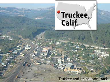 Aerial photo of Truckee and its balloon track. Map of U.S. showing Truckee, California.