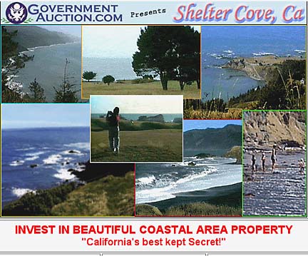 [Screenshot of governmentauction.com website, presenting several photos of Shelter Cove, Ca. with text reading "invest in beautiful coastal area property - California's best kept secret!"]