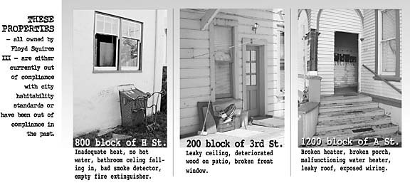 These properties ­ all owned by Floyd Squires III ­ are either currently out of compliance with city habitability standards or have been out of compliance in the past.800 block of H St. Inadequate heat, no hot water, bathroom celing falling in, bad smoke detector, empty fire extinguisher. 200 block of 3rd St.Leaky ceiling, deteriorated wood on patio, broken front window. 1200 block of A St. Broken heater, broken porch, malfunctioning water heater, leaky roof, exposed wiring.