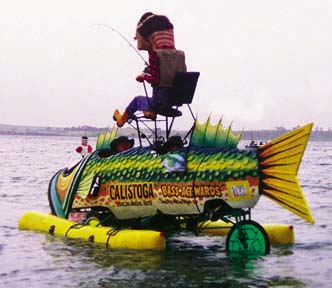 fish-shaped kinetic sculpture with pilot fishing in the bay
