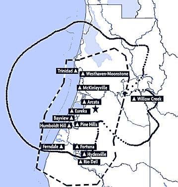 [Map of Humboldt County bay area, detailing the reach of two of Eureka Television's broadcast signals, and marking the communities of Trinidad, Westhaven, McKinleyville, Willow Creek, Arcata, eureka, Bayview, Humboldt Hill, Pine Hills, Ferndale, Fortuna, Hydesville and Rio Dell]