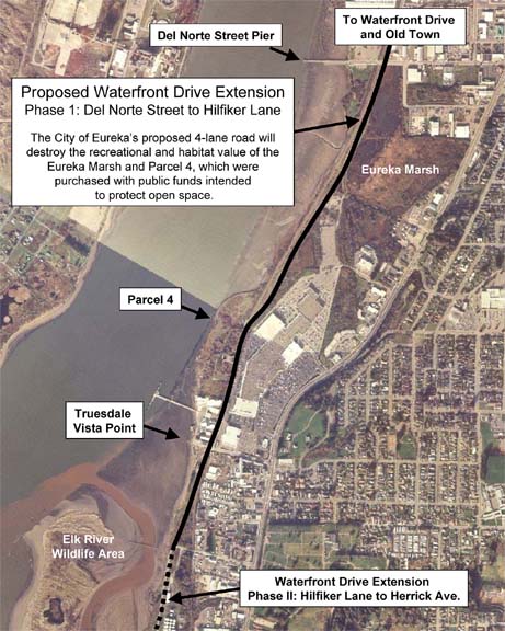 [Aerial map of proposed Waterfront Drive Extension, Phase 1: Del Norte Street to Hilfiker Lane. 
Map shows Del Norte STreet Pier, Eureka Marsh, street to Waterfront Drive and Old Town, Parcel 4, Truesdale Vista Point, Elk River Wildlife Area and
the Waterfront Drive Extension, Phase II: Hilfiker Lane to Herrick Avenue.