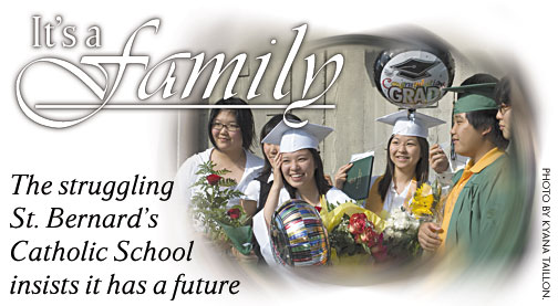 Heading: It's a family, the struggling St. Bernard's Catholic School insists it has a future, photo of graduates, photo by Kyana Taillon