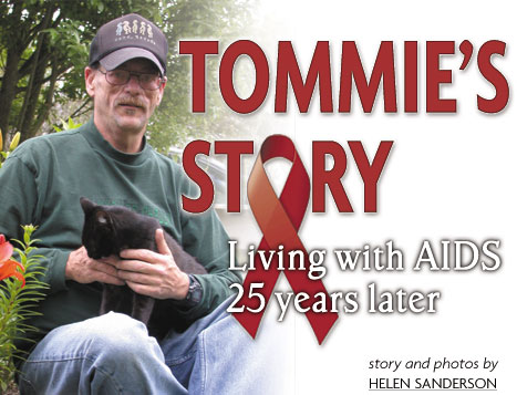Heading: Tommie's story: Living with AIDS 25 years later, story and photo by Helen Sanderson, photo of Tommie Offord and his cat Ears.