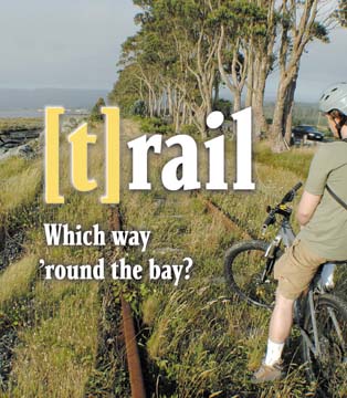 [t] rail: Which way around the bay? [person on bike looking at rusted railroad tracks and bay view]