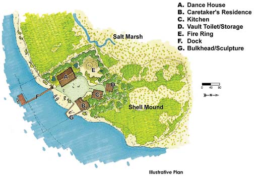 [map of Indian Island plans, showing site with outlines delinating planned dance house, caretaker's residence, kitchen, toilet, storage, fire ring, dock and bulkhead/sculpture, along with existing shellmound, salt marsh and shore]