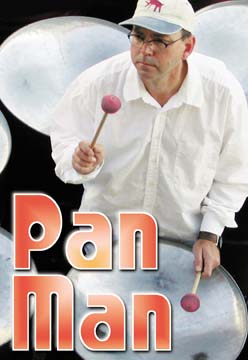Pan Man [photo of Michael Skweir playing bass pans]