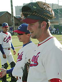 Nick Giacone with catcher's mitt on his head