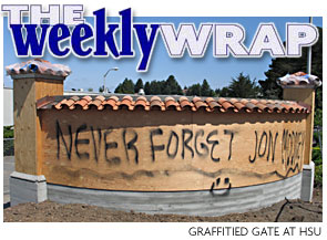 HEADING: The Weekly Wrap, photo of graffitied gate at HSU