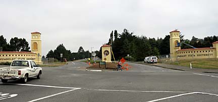 Photo of Humboldt State University's new entrance gate under construction