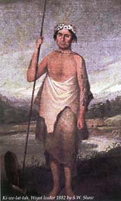 [Painting of Wiyot leader holding spear, wearing skins]