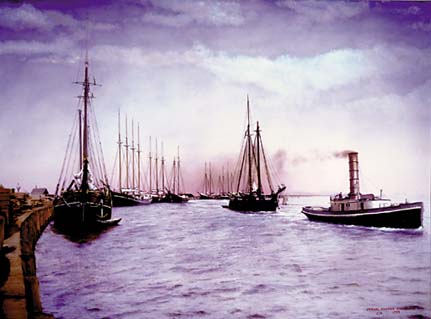 hand-colored photo of wharf with several boats