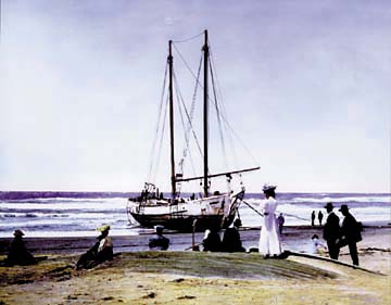 Hand-colored photo of beached boat and spectators