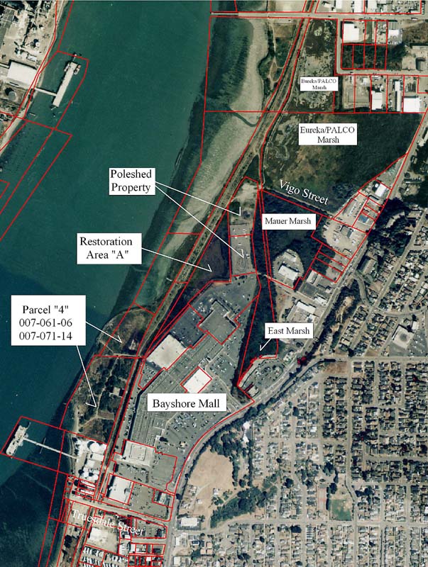 Aerial photo of Eureka Marsh from 1997, showing Parcel 4, Restoration Area A, Bayshore Mall, East Marsh, Mauer Marsh, Poleshed Property, Eureka/PALCO Marsh and Truesdale street 