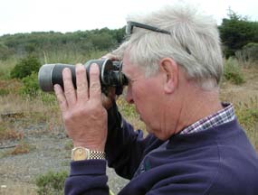 Dennis Cahill looking through binoculars at the marsh