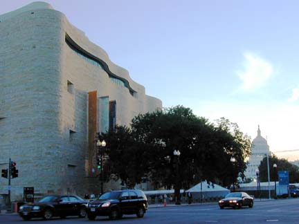 [Side view of museum building and street]