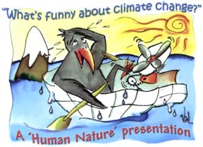 Poster for "What's funny about climate change?" A Human Nature presentation, artwork showing a bird floating in ice water, being warmed by hot sun