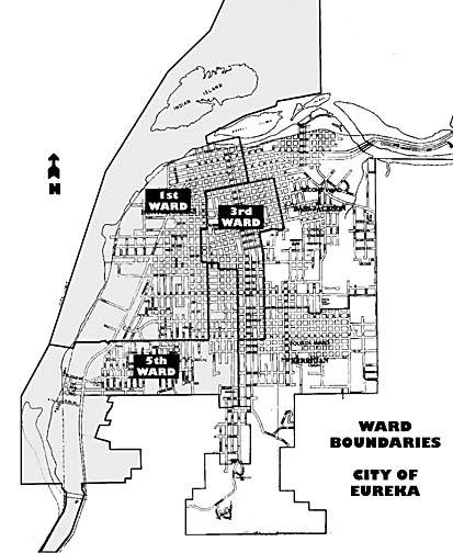 Map of Eureka Ward Boundaries showing First, Third and Fifth Wards emphasized