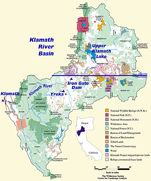 Map of Klamath River Basin, showing Klamath River, Iron Gate Dam, Upper Klamath Lake and surrounding areas
