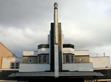 top portion of the Arcata Theater, showing sign and art deco architctural design