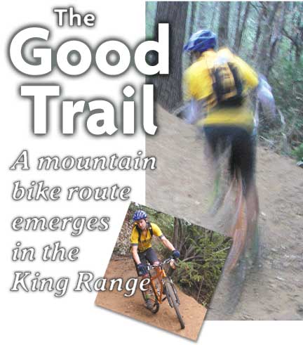 HEADING: The Good Trail, A mountain bike route emerges in teh King Range, photo of mountain biker