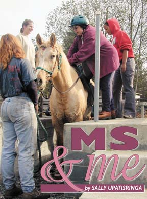 MS and me [photo of Sally Upatisringa mounting a horse with assistance by Camelot staffers